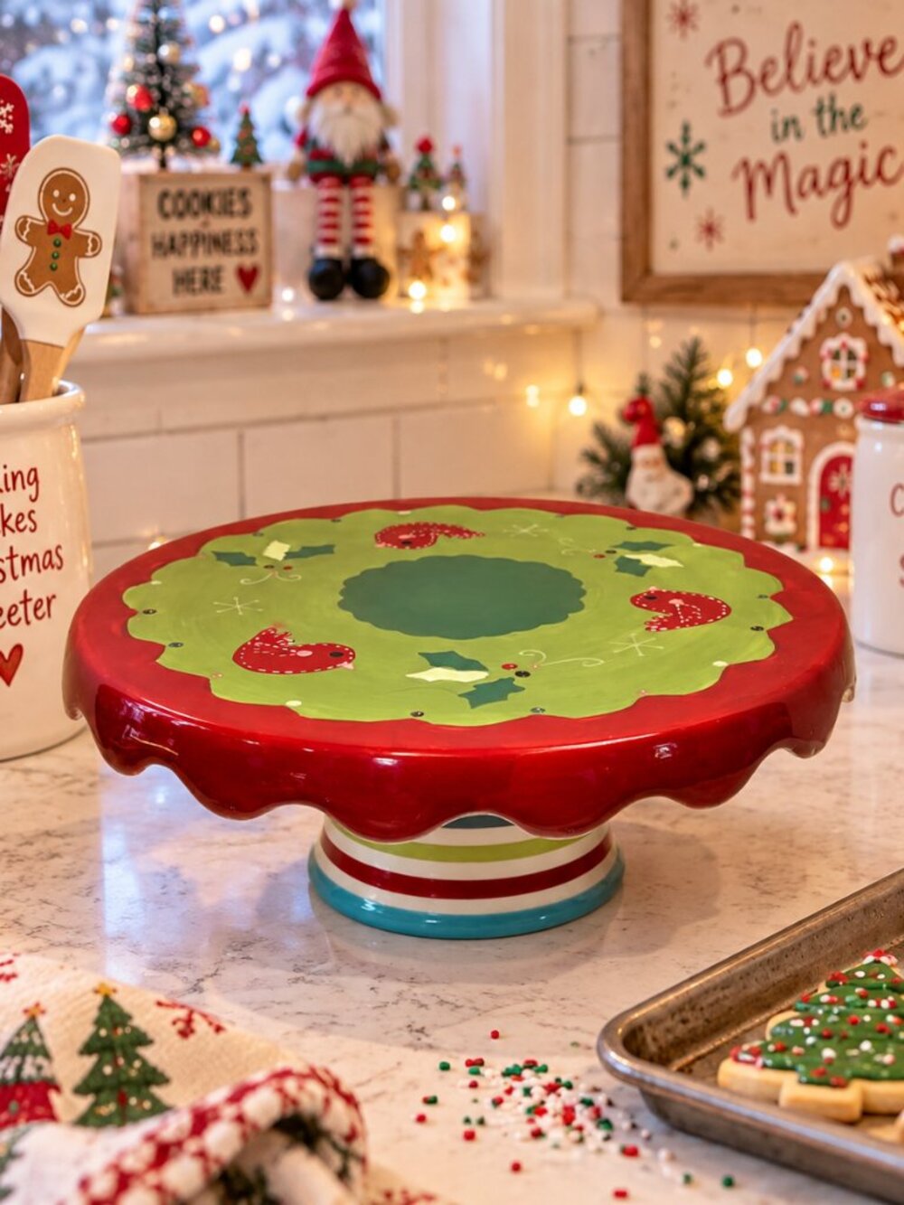 American Greetings Christmas Cake Stand 12” Ceramic Wreath Birds Pedestal Plate